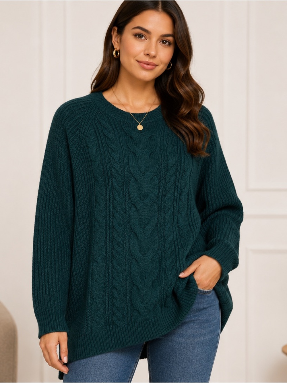 J. Jill Chenille Sweater Womens L Dark Green Cable Knit Pullover Soft Cozy LP